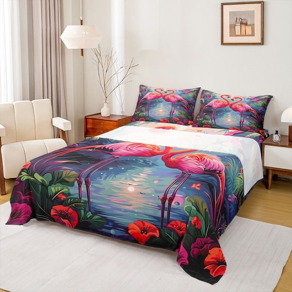 jejeloiu Pink Tropical Flamingo Bed Sheets Kids,Wild Bird Monsters Leaf King Sheets,4-Piece