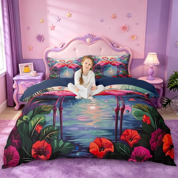 jejeloiu Pink Tropical Flamingo Queen Duvet Cover Set Kids,Wild Bird Monsters Leaf Bedding,Reversible,3pcs(No Comforter)