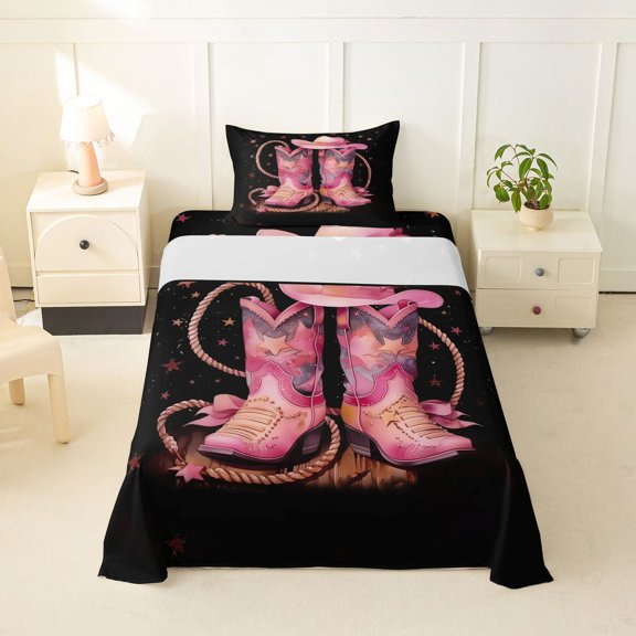 jejeloiu Pink Western Cowgirl Boots Twin Sheet Sets For Kids,Chic Cowgirl Hat Stars Print Bedding For Girls,3pcs