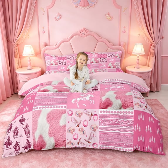 jejeloiu Pink Western Cowgirl Queen Duvet Cover Set Kids,Girly Patchwork Plaid Buffalo Bedding,Reversible,3 Pieces(No Comforter)