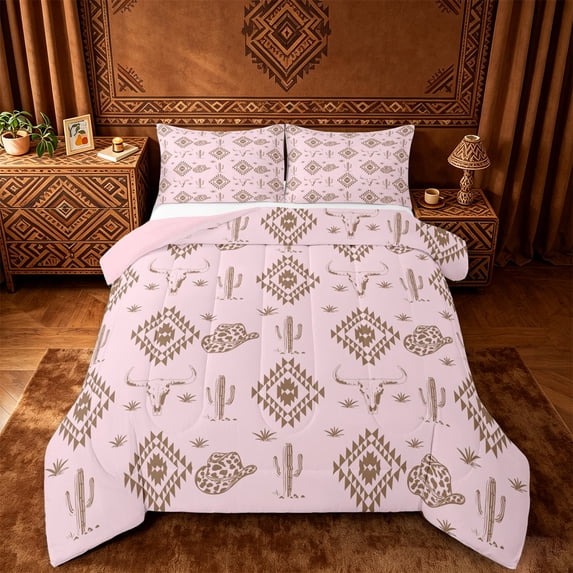 jejeloiu Pink Western Cowgirl Theme Full Size Comforter Sets Kids,Aztec Geometric Print Bedding Sets For Girls,Reversible,3-Piece