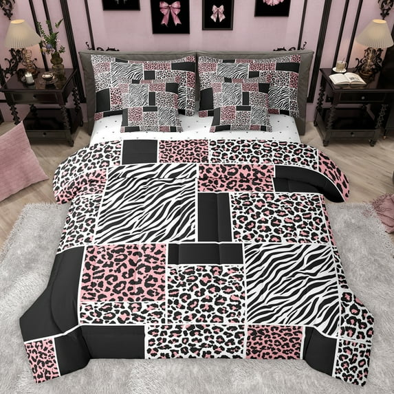 jejeloiu Pink White Black 7pcs Bedding Comforter Set,Leopard Cheetah Pattern Queen Bedding Sets,Wild Zebra Print Queen Sheet Sets For Teens,Breathable Home Decor Reversible