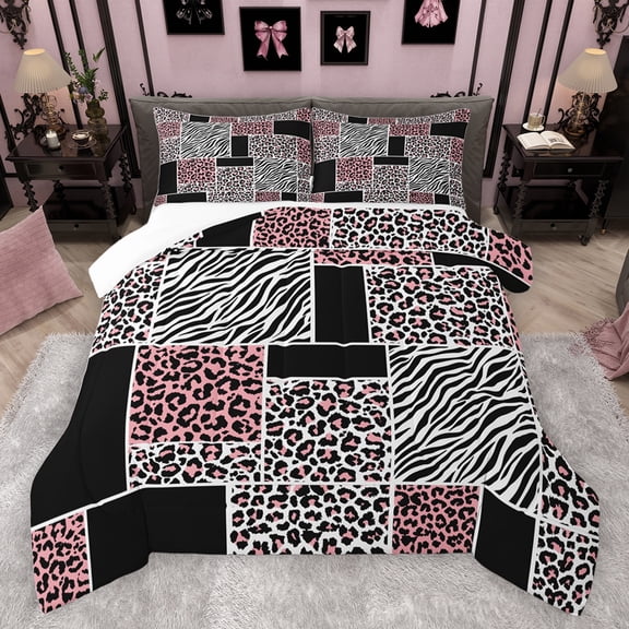 jejeloiu Pink White Black Queen Comforter Set,Leopard Cheetah Pattern Bedding Sets,Wild Zebra Print Bedding Comforter Set For Teens,Breathable Home Decor,3pcs
