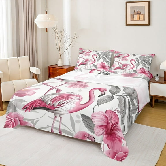 jejeloiu Pink White Flamingo Bed Sheets,Tropical Plant Leaves King Sheets,Retro Rustic Floral Sheet Set For Children,Breathable Room Decoration,4-Piece