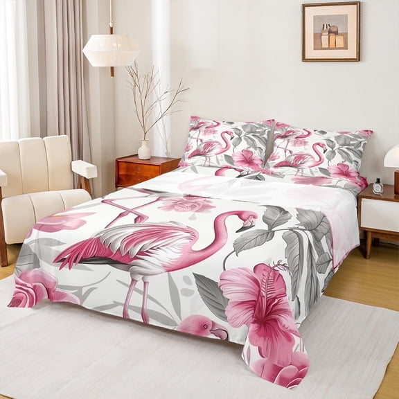 jejeloiu Pink White Flamingo Queen Sheet Sets,Tropical Plant Leaves Flat Sheet,Retro Rustic Floral Queen Fitted Sheet For Children,Breathable Room Decoration,4pcs
