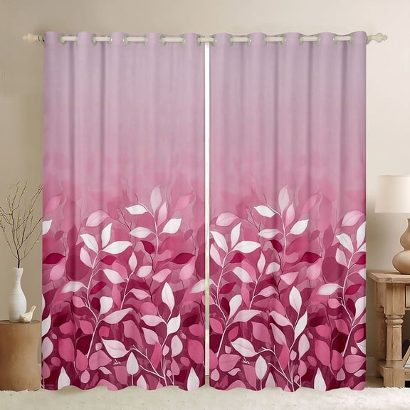 jejeloiu Pink White Leaves Black Out Curtains,Natural Botanical Curtains Pack of 2 (42x63 Each),Modern Art Bedroom Curtains For Gitls Teens,Ultra Soft Home Decor