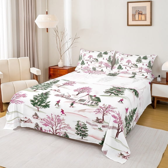jejeloiu Pink Xmas Tree Bed Sheets,Marry Christmas King Sheets,White Snow Mountain Sheet Set For Children,Breathable Home Decor,4pcs