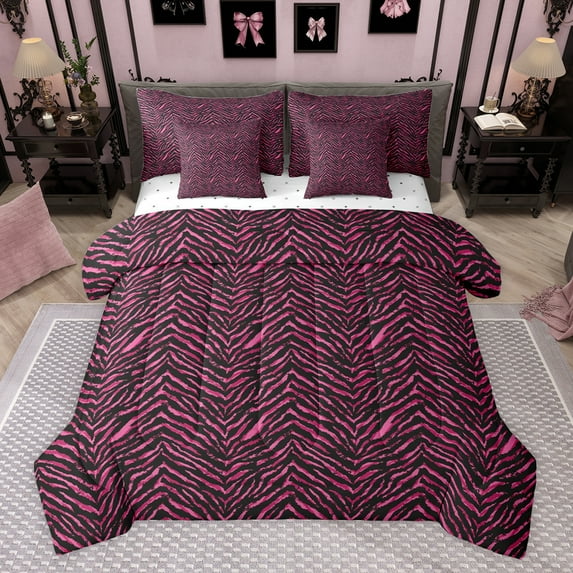 jejeloiu Pink Zebra Striped 7pcs Bedding Comforter Set,Retro Geometric Lines Queen Bedding Sets For Adults Reversible