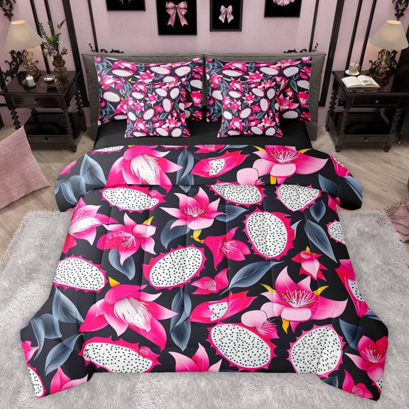 jejeloiu Pitaya 7-Piece Bedding Comforter Set,Tropical Fruit King Bedding Sets,Pink Black Bed Sheets For Men Women,Super Cozy Room Decor Reversible