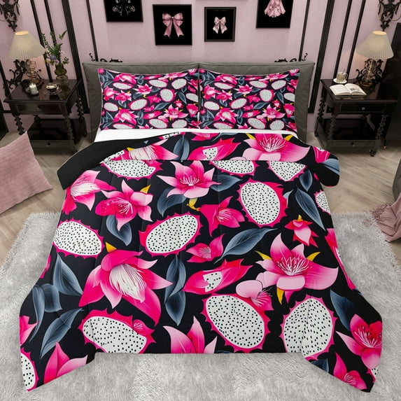 jejeloiu Pitaya Queen Comforter Set,Tropical Fruit Bedding Sets,Pink Black Bedding Comforter Set For Men Women,Super Cozy Room Decor Reversible,3pcs