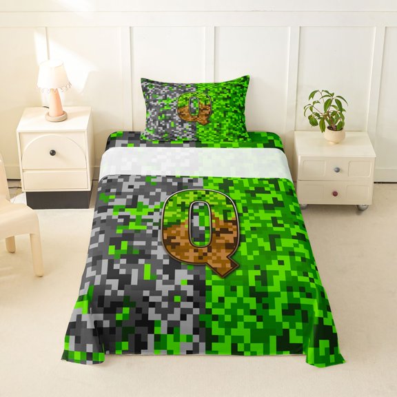 jejeloiu Pixel Adventure Game Print Twin Sheet Sets For Kids,Personalized Initial Letter Q Bedding For Boys,3pcs