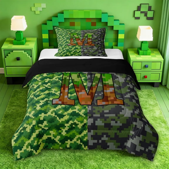 jejeloiu Pixel Gamepad Games Twin Comforter Sets For Kids,Grid Miner Theme Initial Alphabet M Bedding Set,Black Reversible,2pcs