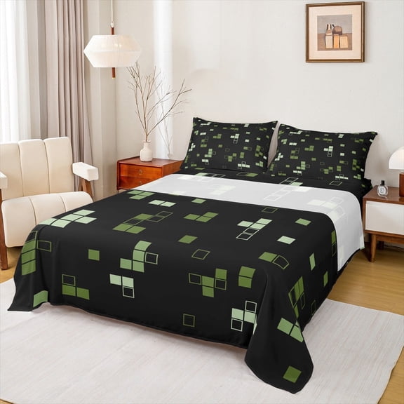 jejeloiu Pixel Geometric Bed Sheets,Building Block Games King Sheets,Construction Games Sheet Set For Child,Breathable Bedroom Decorative,4pcs