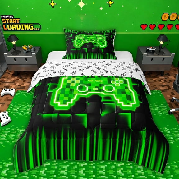 jejeloiu Pixel Miner Games Twin Comforter Sets,Cartoon Gamepad Bedding Set For Boys Kids Reversible 2 Pieces