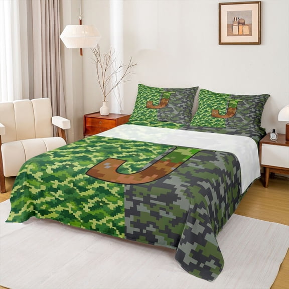 jejeloiu Pixel Themed Monogram J Full Size Sheets For Kids,Teens Games Video Games Bed Sheets For Boys,4pcs