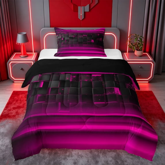 jejeloiu Plaid Geometric Pattern Twin Comforter Sets For Girls Pink Black Neon Line Bedding Set For Kids,Reversible,2pcs
