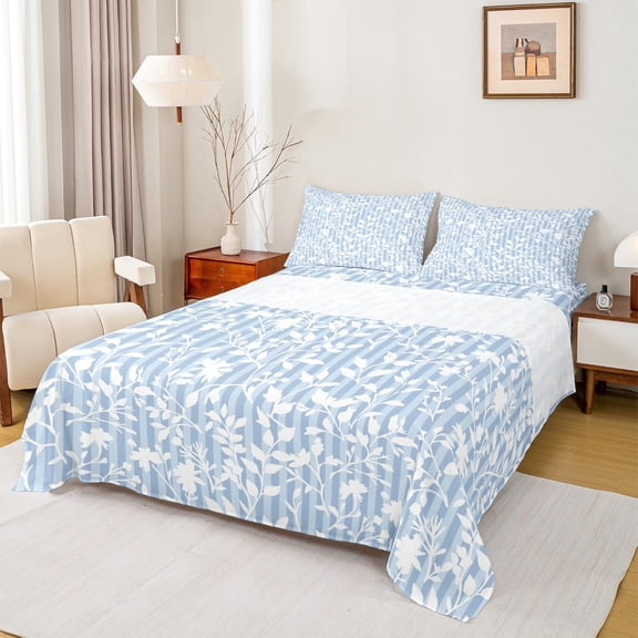 jejeloiu Plant Leaves Bed Sheets,Nature Theme King Sheets,Blue White Sheet Set For Girls,Luxury Bedroom Decor,4-Piece