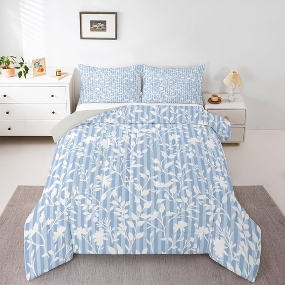 jejeloiu Plant Leaves Bedding Comforter Set,Nature Theme Twin Comforter Sets,Blue White Bedding Set For Girls,Luxury Bedroom Decor Reversible,2-Piece