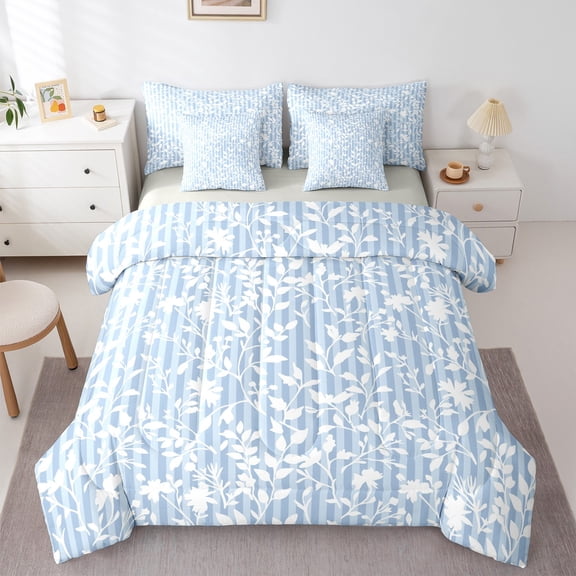 jejeloiu Plant Leaves Twin Bedding Sets 7-Piece,Nature Theme Bedding Comforter Set,Blue White Sheet Sets For Girls,Luxury Bedroom Decor Reversible