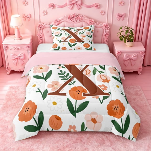Catabedysis Plant Theme Monogram X Twin Comforter Sets For Girl,Green Leaves Print Bedding Set,Pink Reversible,2pcs,1 Comforter and 1 Pillowcase
