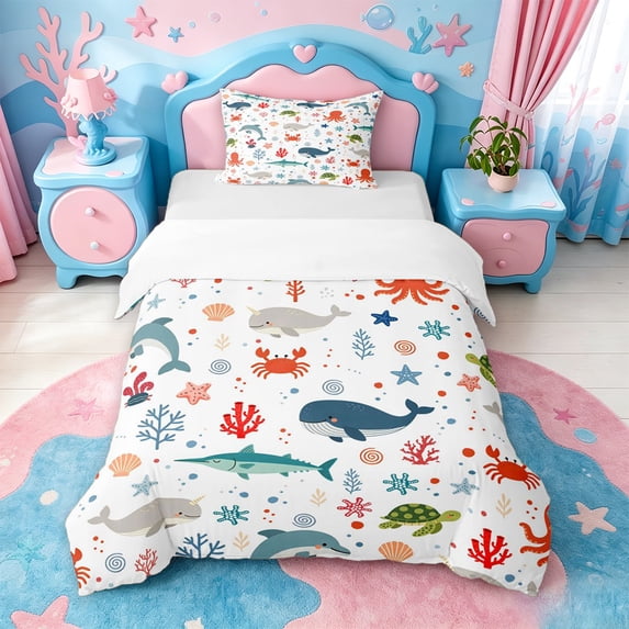 jejeloiu Playful Ocean Animal Twin Duvet Cover For Girls,Whale Crab Turtle Twin Bedding,Multicolor White,2-Piece,1 Duvet Cover and 1 Pillowcase