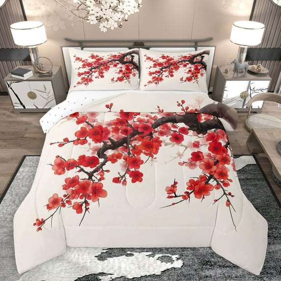 jejeloiu Plum Blossom Queen Comforter Set,Rustic Flowers Bedding Sets,Red Floral Bedding Comforter Set For Men Women,Breathable Home Decor Reversible,3 Pieces