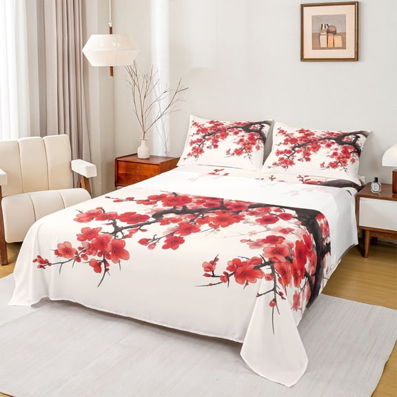 jejeloiu Plum Blossom Queen Sheet Sets,Rustic Flowers Flat Sheet,Red Floral Queen Fitted Sheet For Men Women,Breathable Home Decor,4 Pieces