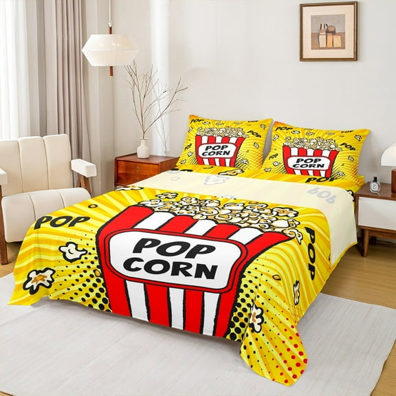 jejeloiu Popcorn Twin Sheet Sets,Movie Time Twin Fitted Sheet,Orange Red Flat Sheet For Boys Girls,Luxury Bedroom Decor,3pcs
