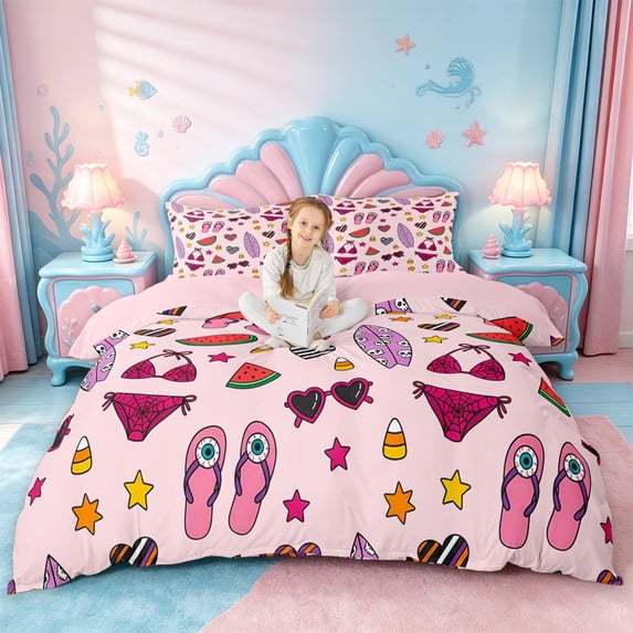 jejeloiu Preppy Beach Doodle Bedding For Girls,Summer Surf Flip Flop Duvet Cover Full,Pink Purple,Pink Reversible,3-Piece,1 Duvet Cover and 2 Pillowcases