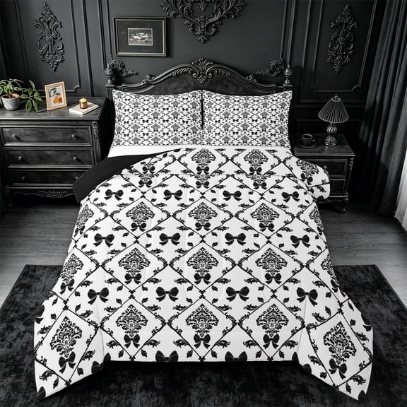 jejeloiu Preppy Bow King Size Comforter Sets For Men Women,Classic Pattern Comforters King Size,Black White,Black Reversible,3 Pieces,1 Comforter and 2 Pillowcases