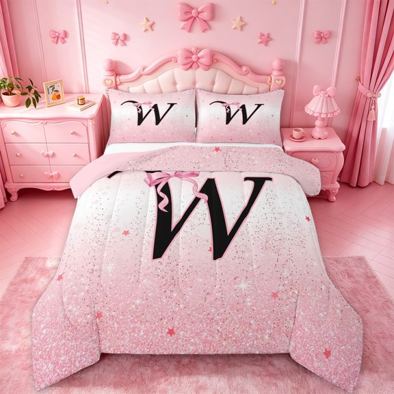 jejeloiu Princess Bowknot Monogram W Queen Comforter Set For Girls,Pink Bling Initial Aesthetic Bedding Comforter Set For Kids,Pink Reversible,3pcs