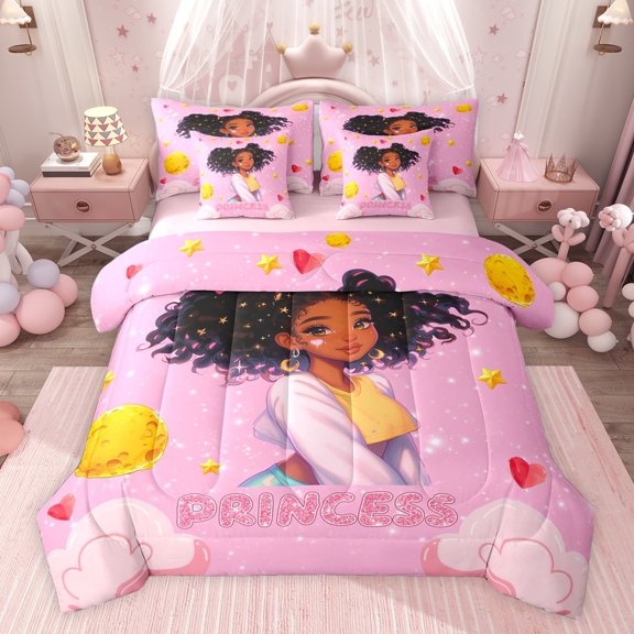 jejeloiu Princess Sequin Print 7pcs Bedding Comforter Set,Black Kawaii Girls Queen Bedding Sets For Kids Reversible