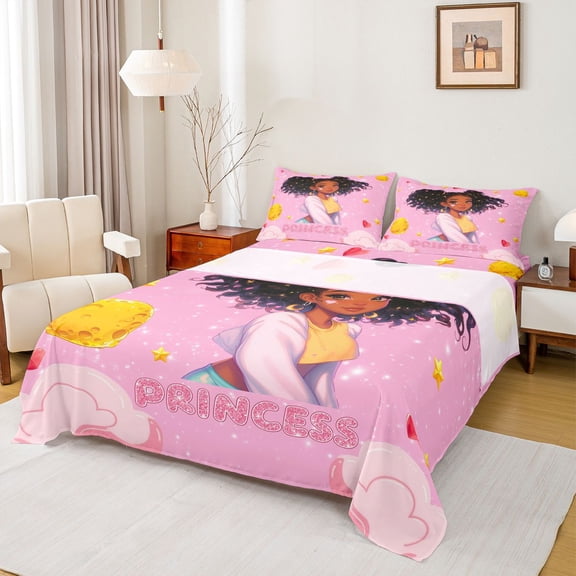 jejeloiu Princess Sequin Print Twin Sheet Sets,Black Kawaii Girls Bedding For Kids 3-Piece