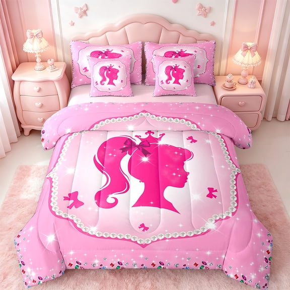 jejeloiu Princess Silhouette Bedding Comforter Set,7pcs,Cute Bow Knot Queen Bedding Sets,Colorful Diamond Queen Sheet Sets For Princess,Ultra Soft Bedroom Decor Reversible