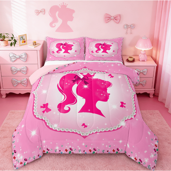 jejeloiu Princess Silhouette Bedding Comforter Set,Cute Bow Knot Twin Comforter Sets,Colorful Diamond Bedding Set For Princess,Bedroom Decor Ultra Soft Reversible,3 Pieces