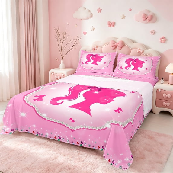 jejeloiu Princess Silhouette Full Size Sheets,Cute Bow Knot Bed Sheets,Colorful Diamond Sheet Sets For Princess,Ultra Soft Bedroom Decor,4pcs