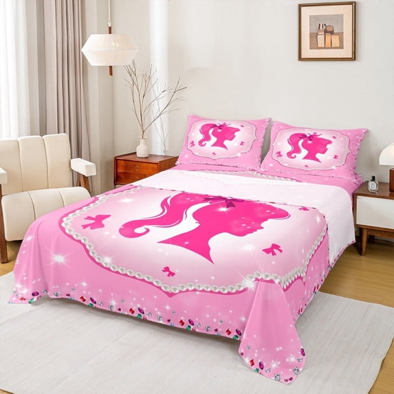 jejeloiu Princess Silhouette Full Size Sheets,Cute Bow Knot Bed Sheets,Colorful Diamond Sheet Sets For Princess,Ultra Soft Bedroom Decor,4pcs