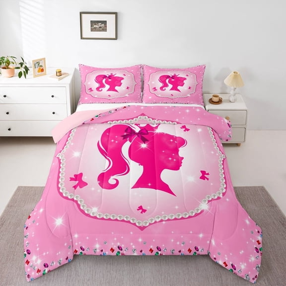 jejeloiu Princess Silhouette Queen Comforter Set,Cute Bow Knot Bedding Sets,Colorful Diamond Bedding Comforter Set For Princess,Bedroom Decor Ultra Soft Reversible,3-Piece