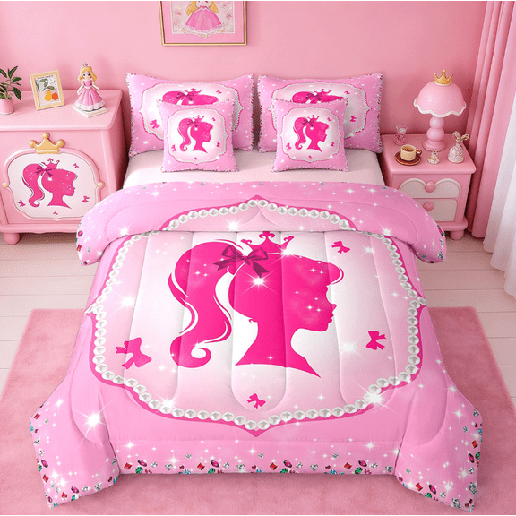 jejeloiu Princess Silhouette Twin Bedding Sets,7-Piece,Cute Bow Knot Bedding Comforter Set,Colorful Diamond Sheet Sets For Princess,Ultra Soft Bedroom Decor Reversible
