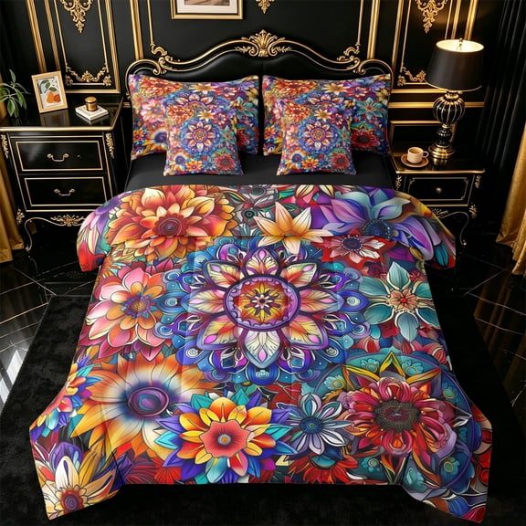 jejeloiu Psychedelic Floral 7pcs Queen Bedding For Men Women,Mandala Print Bedding Comforter Set Queen,Rainbow Multi,Black Reversible