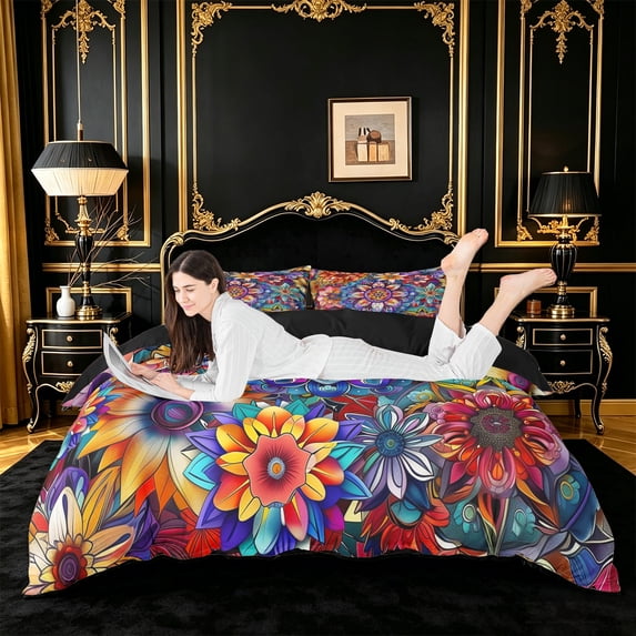 jejeloiu Psychedelic Floral Duvet Cover King For Men Women,Mandala Print King Bedding,Rainbow Multi,Black Reversible,3 Pieces,1 Duvet Cover and 2 Pillowcases