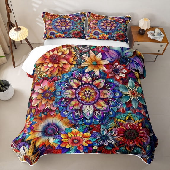 jejeloiu Psychedelic Floral Quilt Full For Men Women,Mandala Print Full Bedspread Sets,Rainbow Multi,3pcs