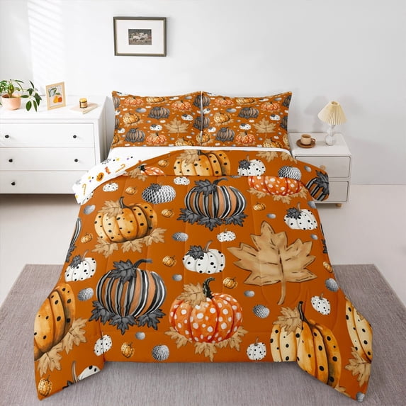 jejeloiu Pumpkin Bedding Comforter Set,Happy Halloween Twin Comforter Sets,Orange Maple Leaves Bedding Set For Boys Girls,Microfiber Room Decorative Reversible,2-Piece