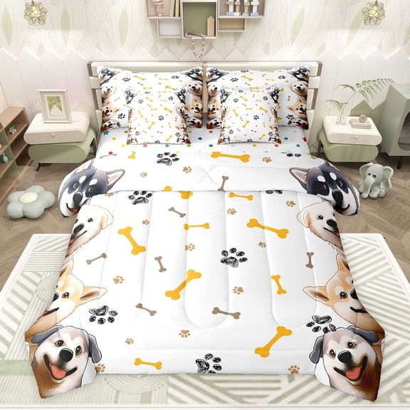 jejeloiu Puppy Dogs Paws 7 Pieces Bedding Comforter Set,Kawaii Dog Animals Full Bedding Set,White Brown Yellow Fitted Sheet Flat Sheet For Boys Kids,Breathable Home Decor Reversible