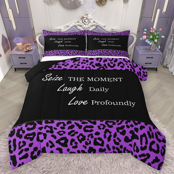 jejeloiu Purple Black Queen Comforter Set,Inspirational Quote Bedding Sets,Leopard Cheetah Print Bedding Comforter Set For Teens,Super Cozy Room Decor Reversible,3-Piece