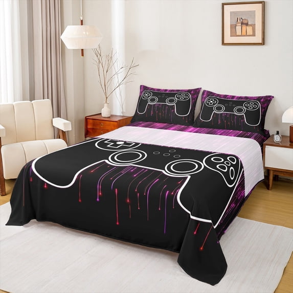 jejeloiu Purple Black Queen Sheet SetsGame Console Flat Sheet,Modern Video Game Queen Fitted Sheet For Men Women,Breathable Home Decor,4 Pieces