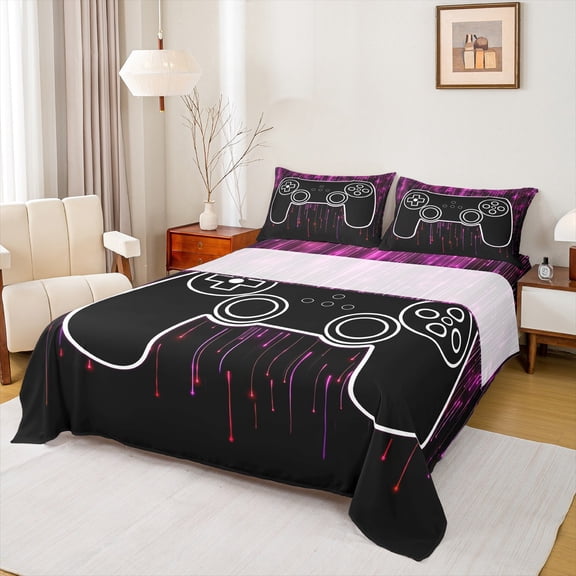 jejeloiu Purple Black Twin Sheet SetsGame Console Twin Fitted Sheet,Modern Video Game Flat Sheet For Men Women,Breathable Home Decor,3pcs