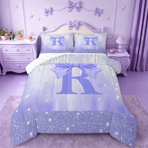 jejeloiu Purple Bling Print Twin Comforter Sets,First Letter R Bedding Set For Bow Lovers Reversible 2pcs
