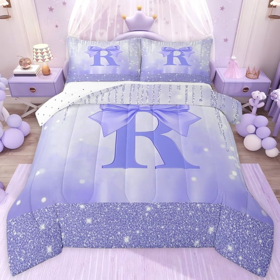 jejeloiu Purple Bling Print Twin Comforter Sets,First Letter R Bedding Set For Bow Lovers Reversible 2pcs