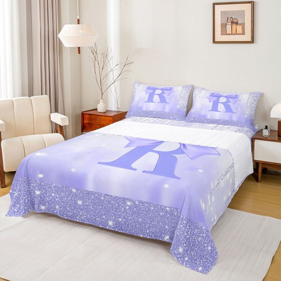 jejeloiu Purple Bling Print Twin Sheet Sets,First Letter R Bedding For Bow Lovers 3pcs